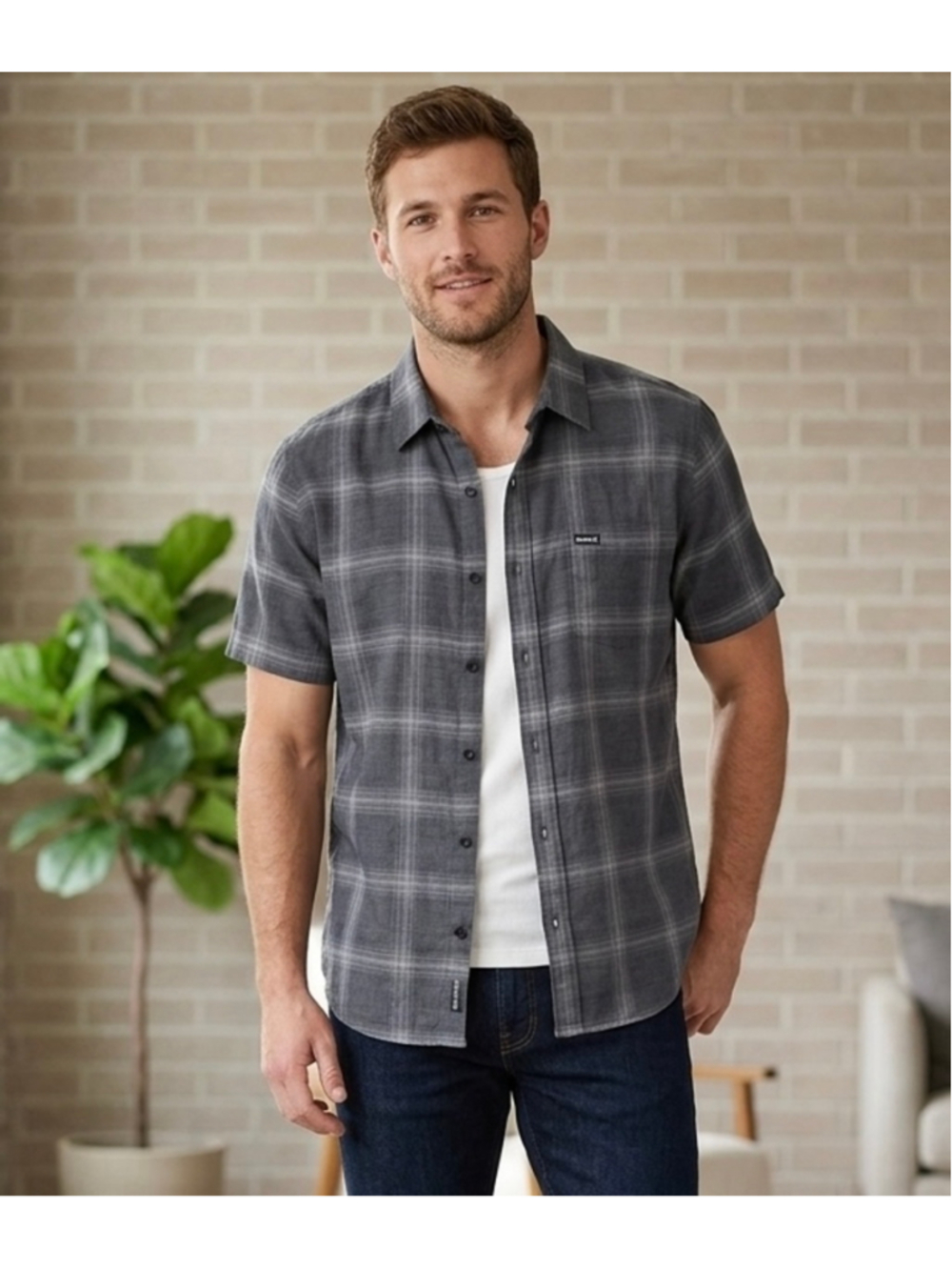 Men's Hurley Casual Button Down Shirt Size L Grey Plaid flannel 2088